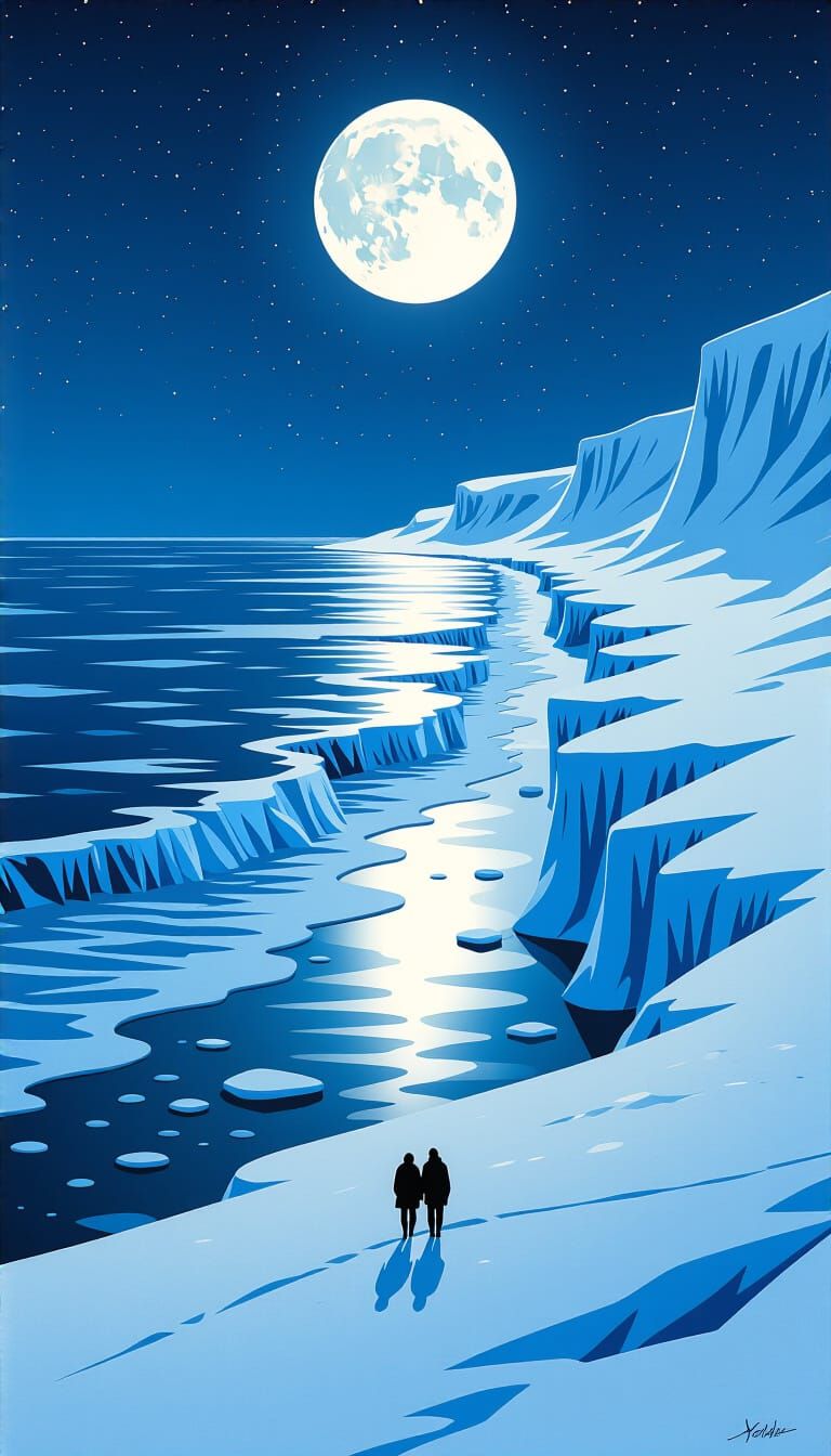 Frozen Ocean Under Moonlight with Snowy Waves