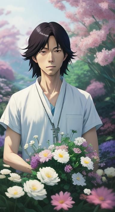 White Lucky Cat with Flowers in Anime Style