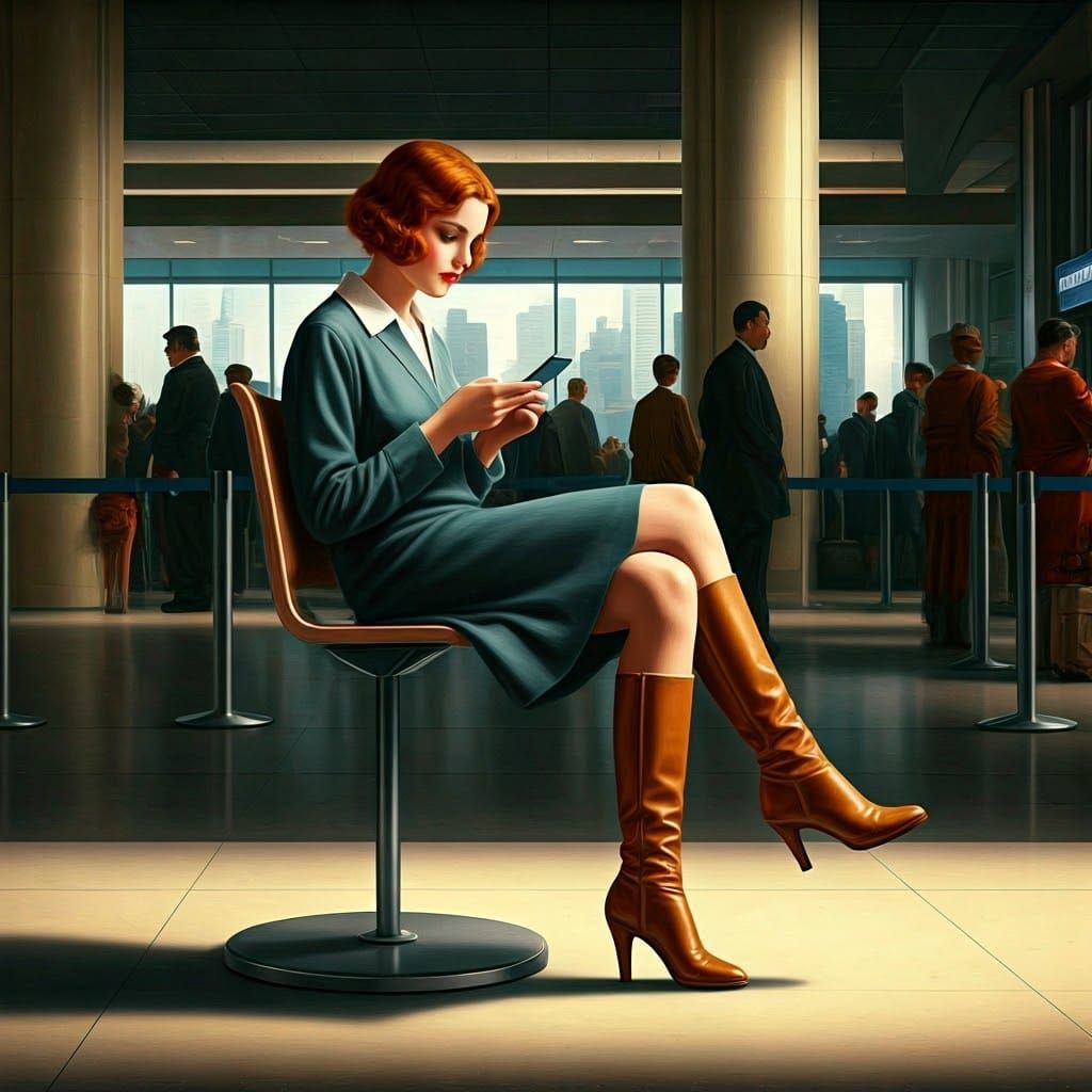 Glamorous Art Deco Lady in Bustling New York Airport