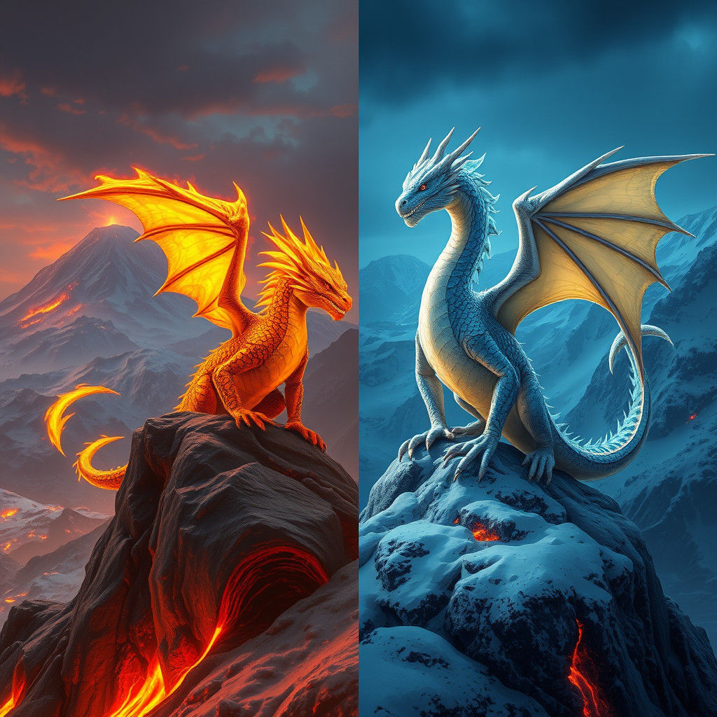 Fiery and Icy Halfling Dragons in Dueling Landscapes