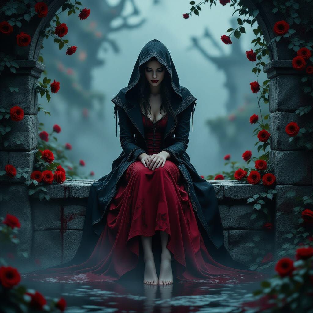 Gothic Woman in Red Roses, Moody Cinematic Digital Painting