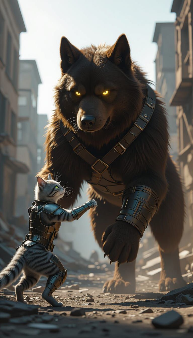 Epic Battle: Anthropomorphic Dog vs. Cat in Ruined City