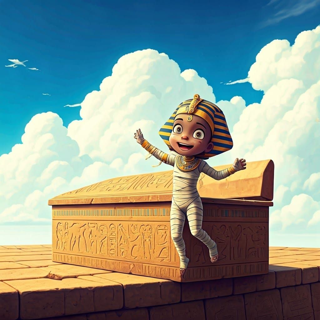 Cheerful Mummy's Rooftop Jump in Animated Style