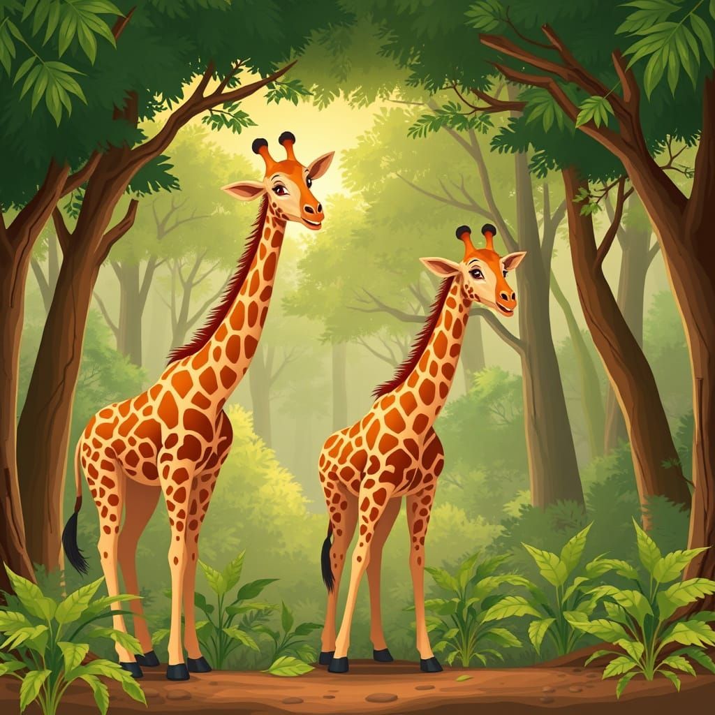 Giraffes Eating in African Forest Cartoon Illustration