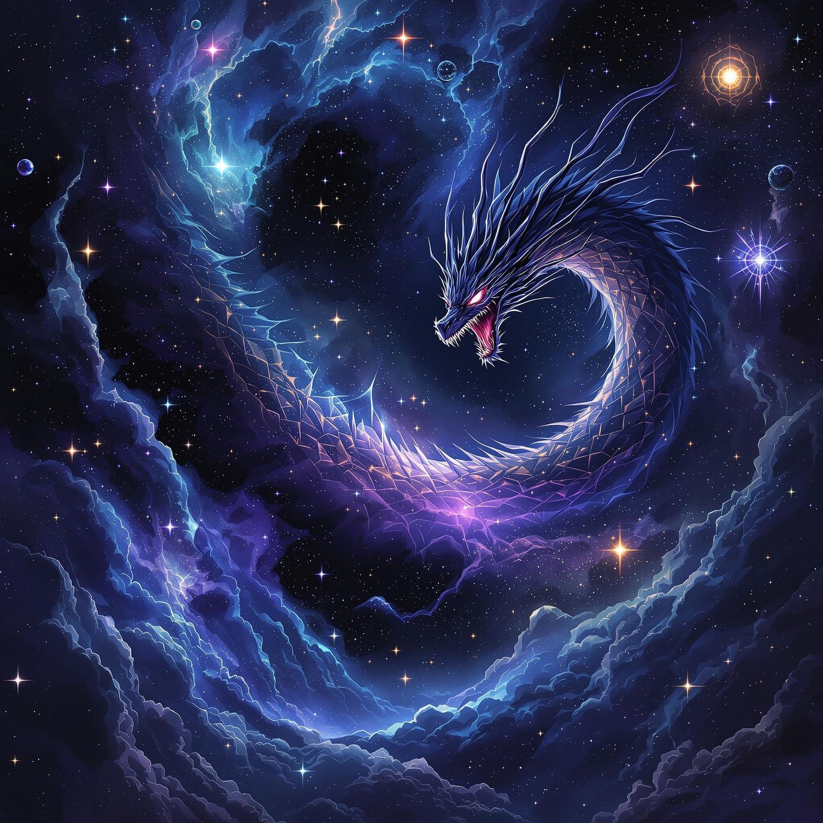 Cosmic Space Dragon amidst Vibrant Nebula Formations