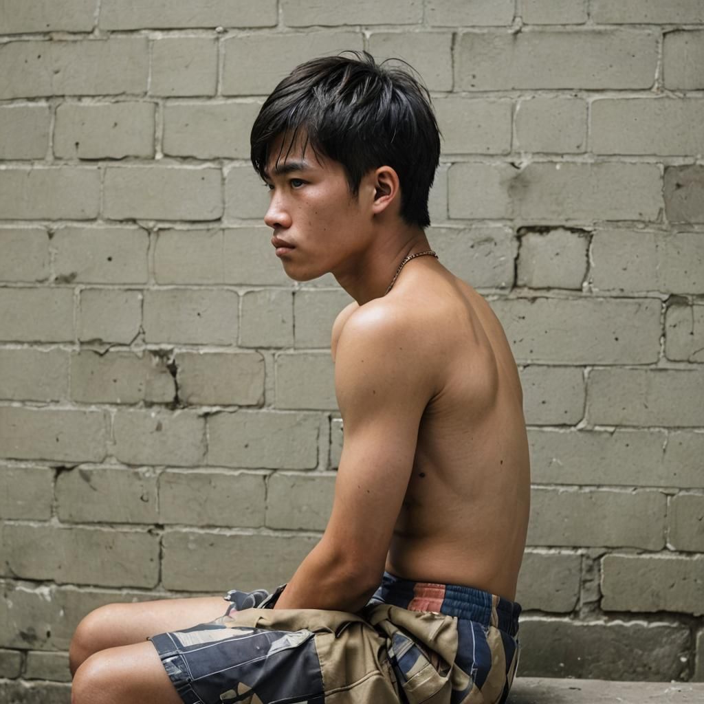 (under 16) Vietnamese gay shirtless gangster sitting looking...