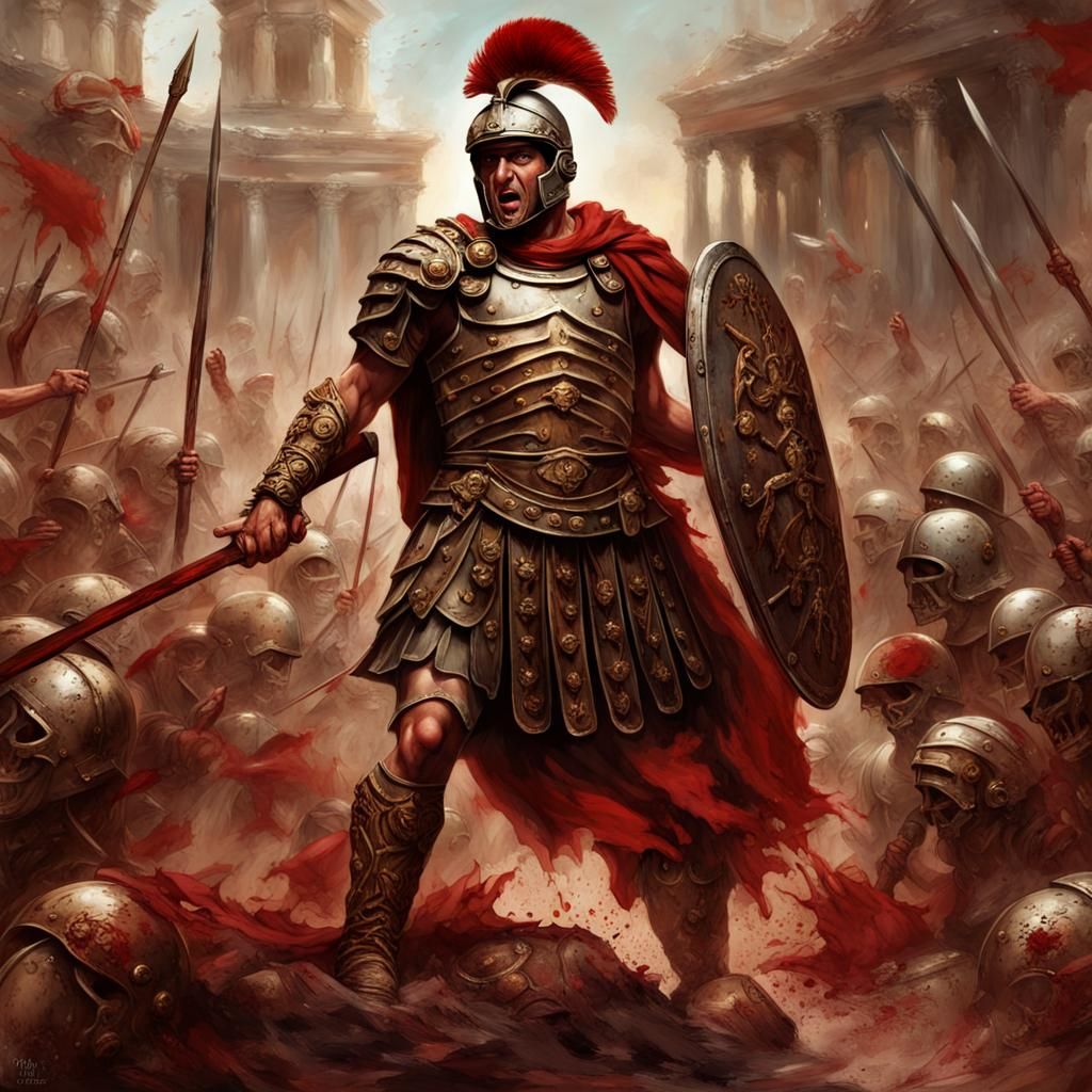 Roman Centurion in Grim Battle, Detailed Matte Painting