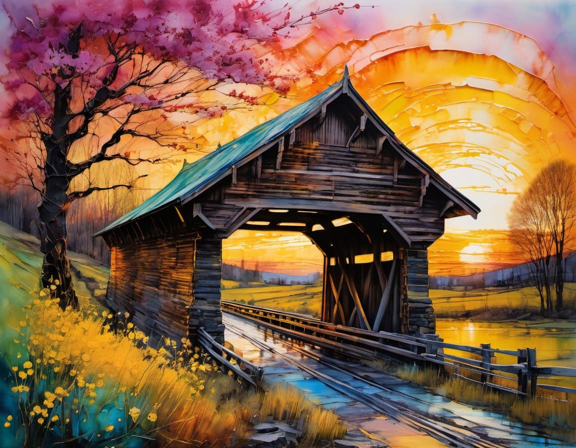 Encaustic Sunset Covered Bridge in Golden Ratio