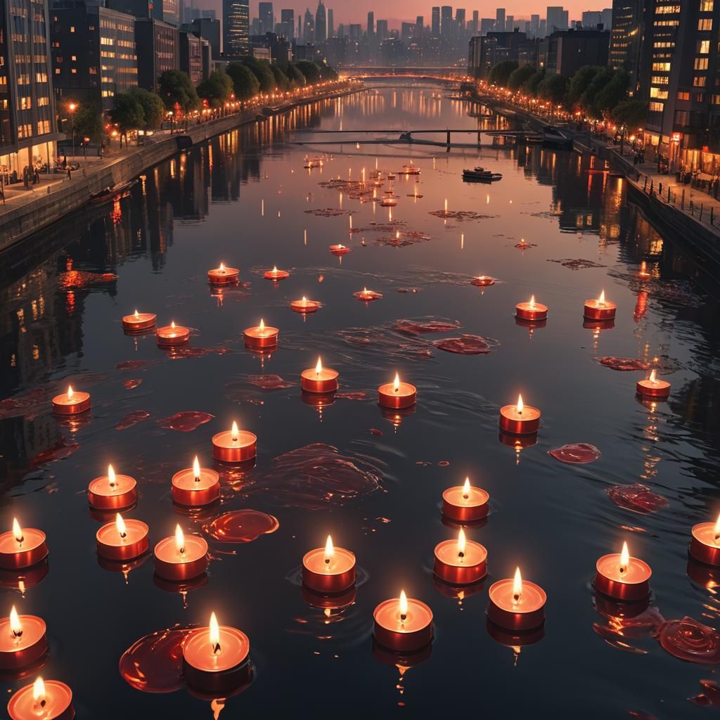 Candlelit River at Night in Hyperrealistic Style