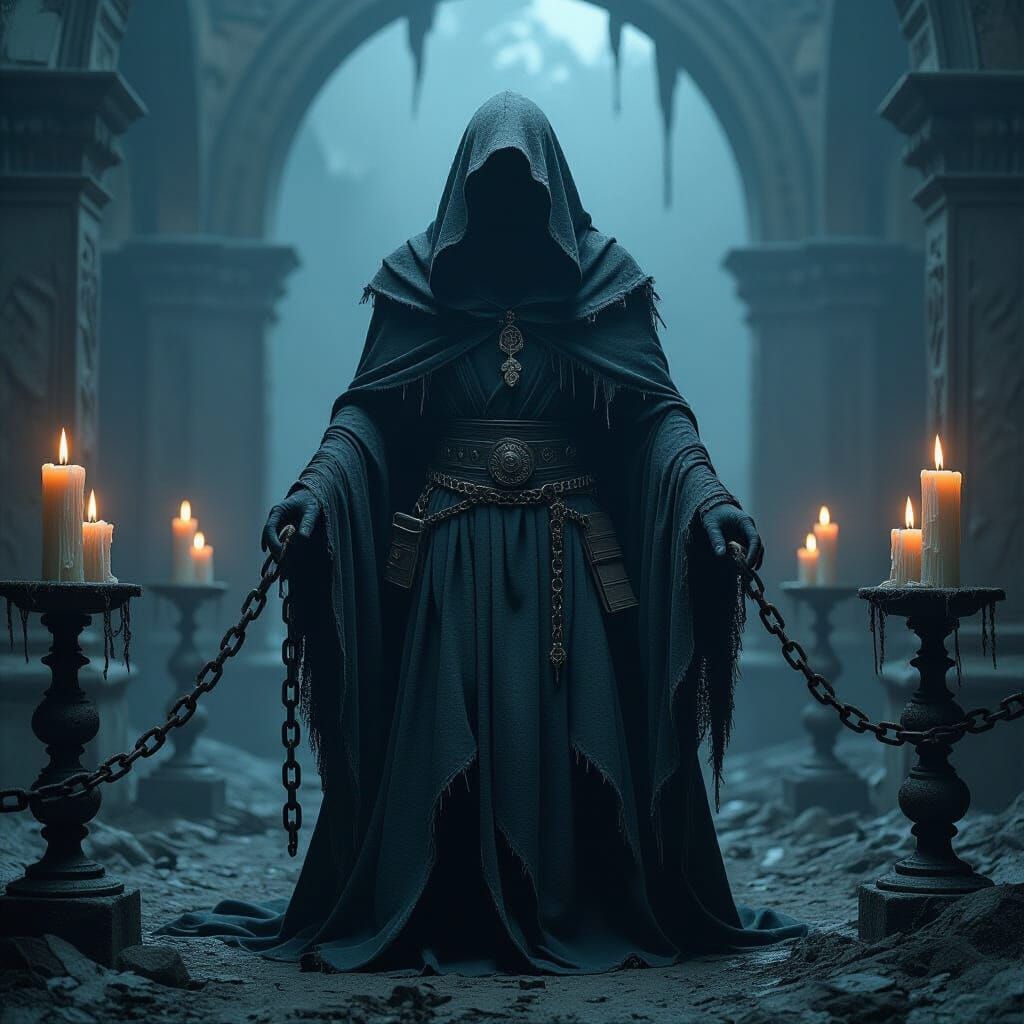 Ominous Figure Shackled in Gothic Candlelight