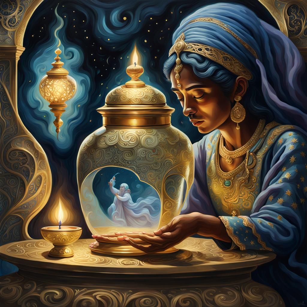 Enigmatic Restraint: The Genie's Luminous Presence