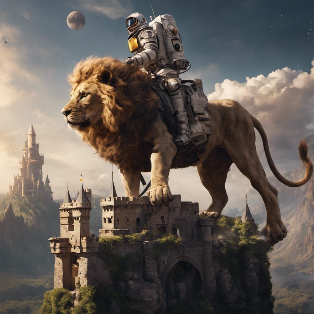Astronaut Rides Lion on Castle: Detailed Matte Painting