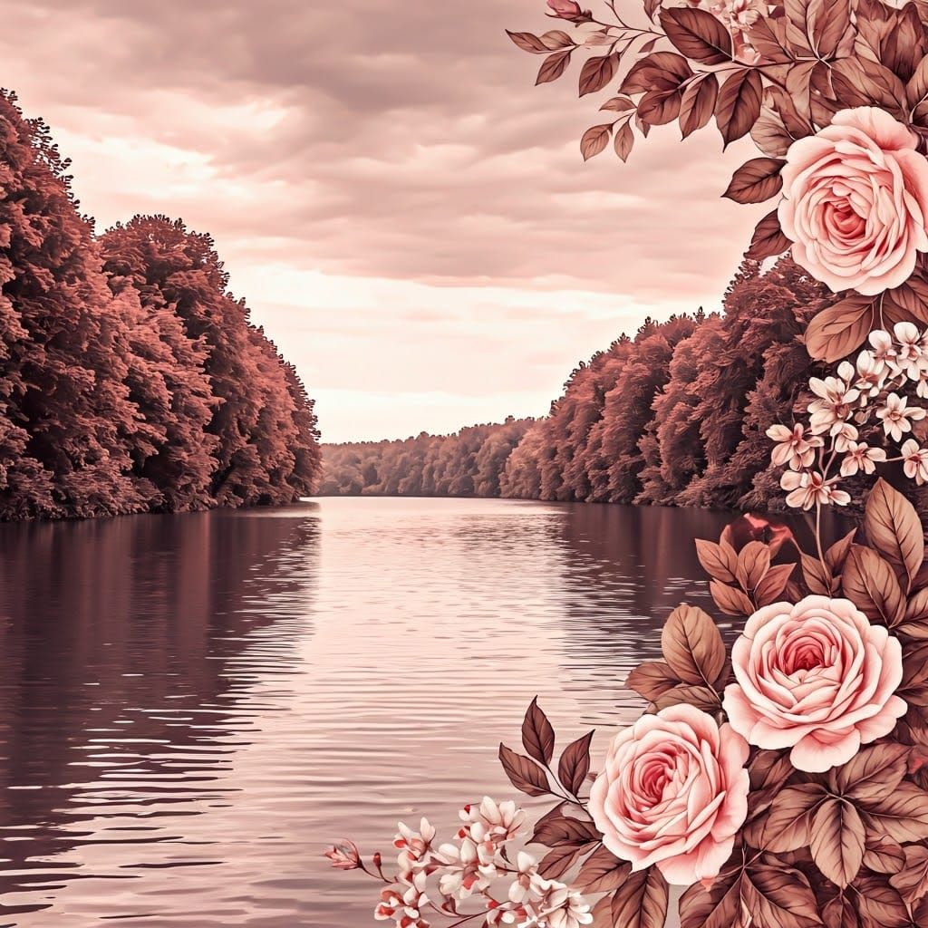Winding River Scene with Roses and Wildflowers