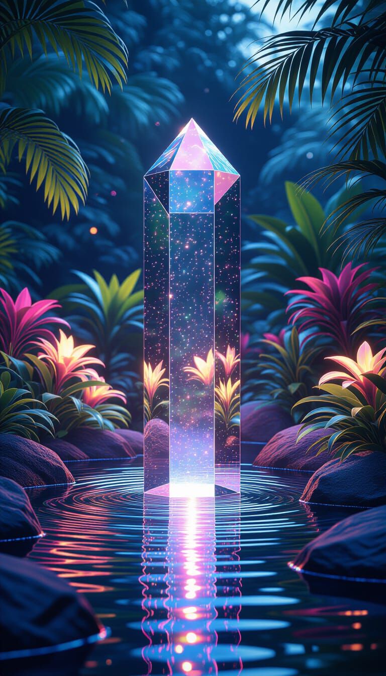 Crystal Fountain in a Magical Garden with Rainbow Reflection...