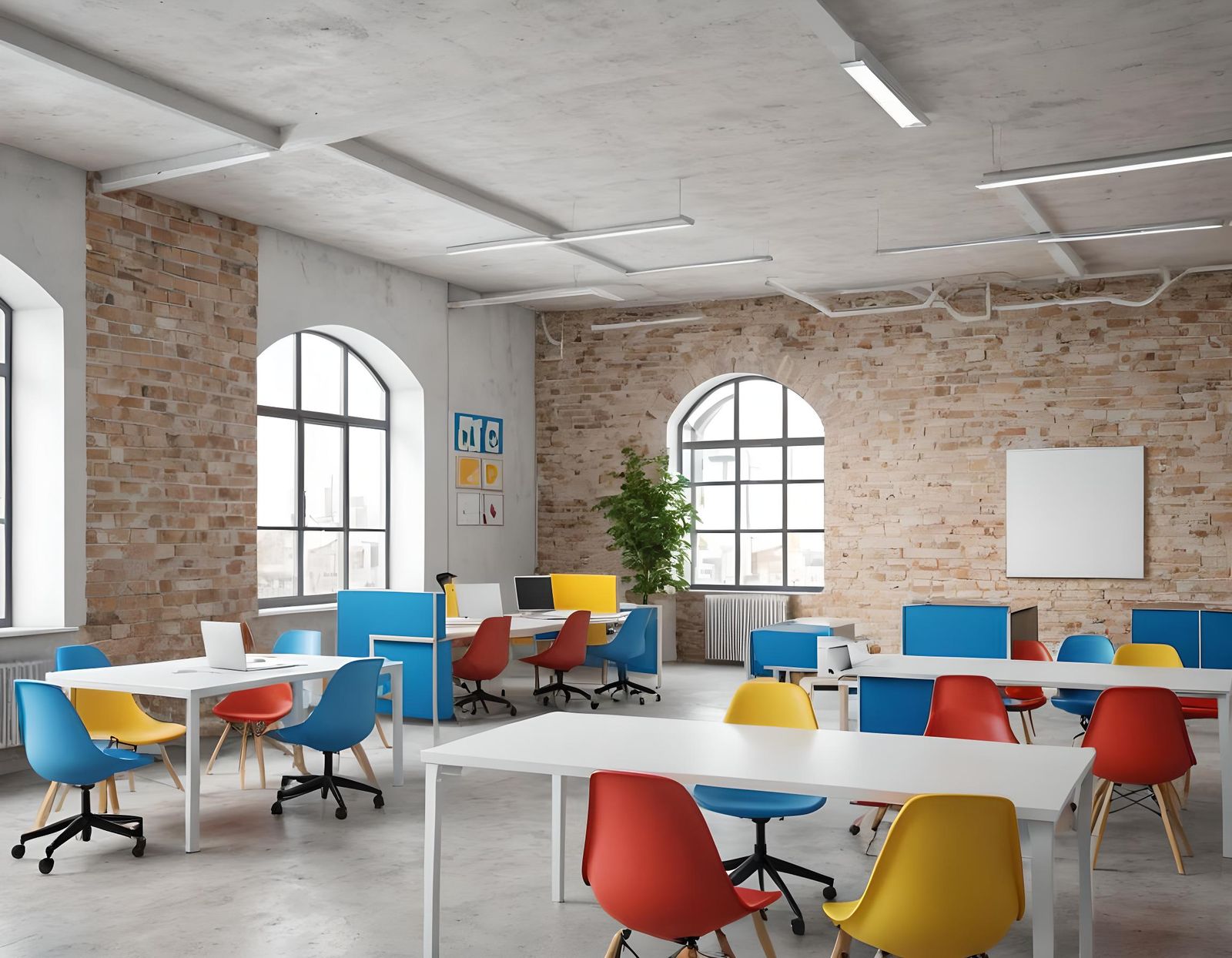 Modern White and Wood Office Interior with Colorful Chairs
