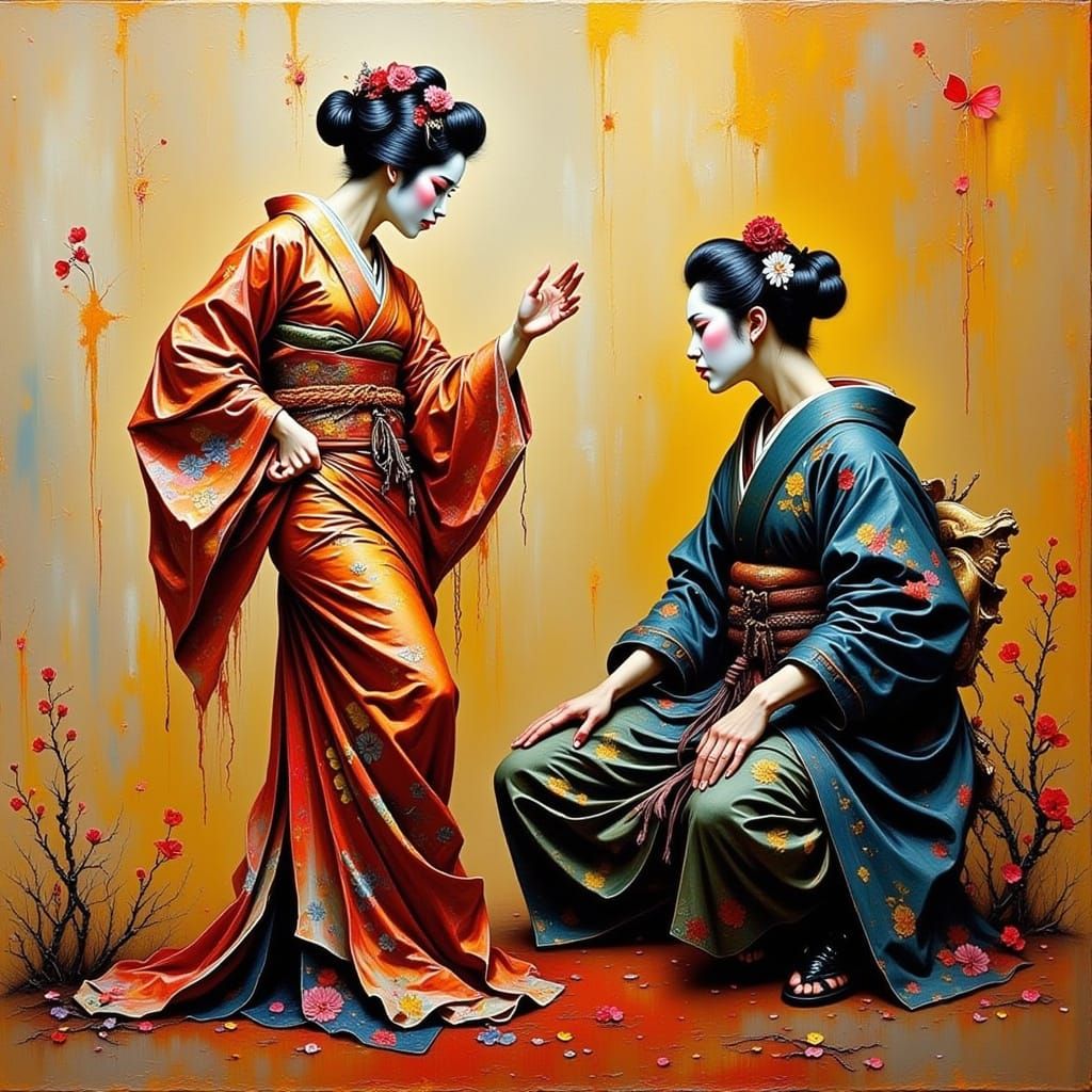 Geisha Dancing for Samurai: Impasto Oil Painting