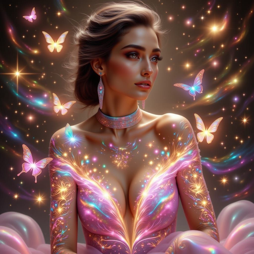 Woman with Glowing Tattoos and Butterflies in Ethereal Light