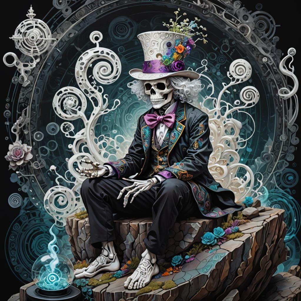 Cyberpunk Mad Hatter Skeleton Monk Meditating