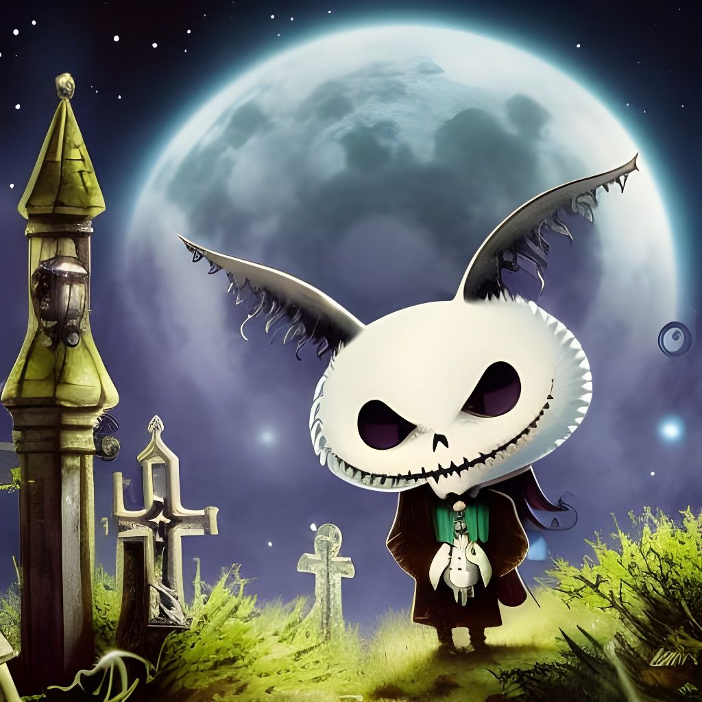 Chibi Ghost in Haunted Graveyard Watercolor