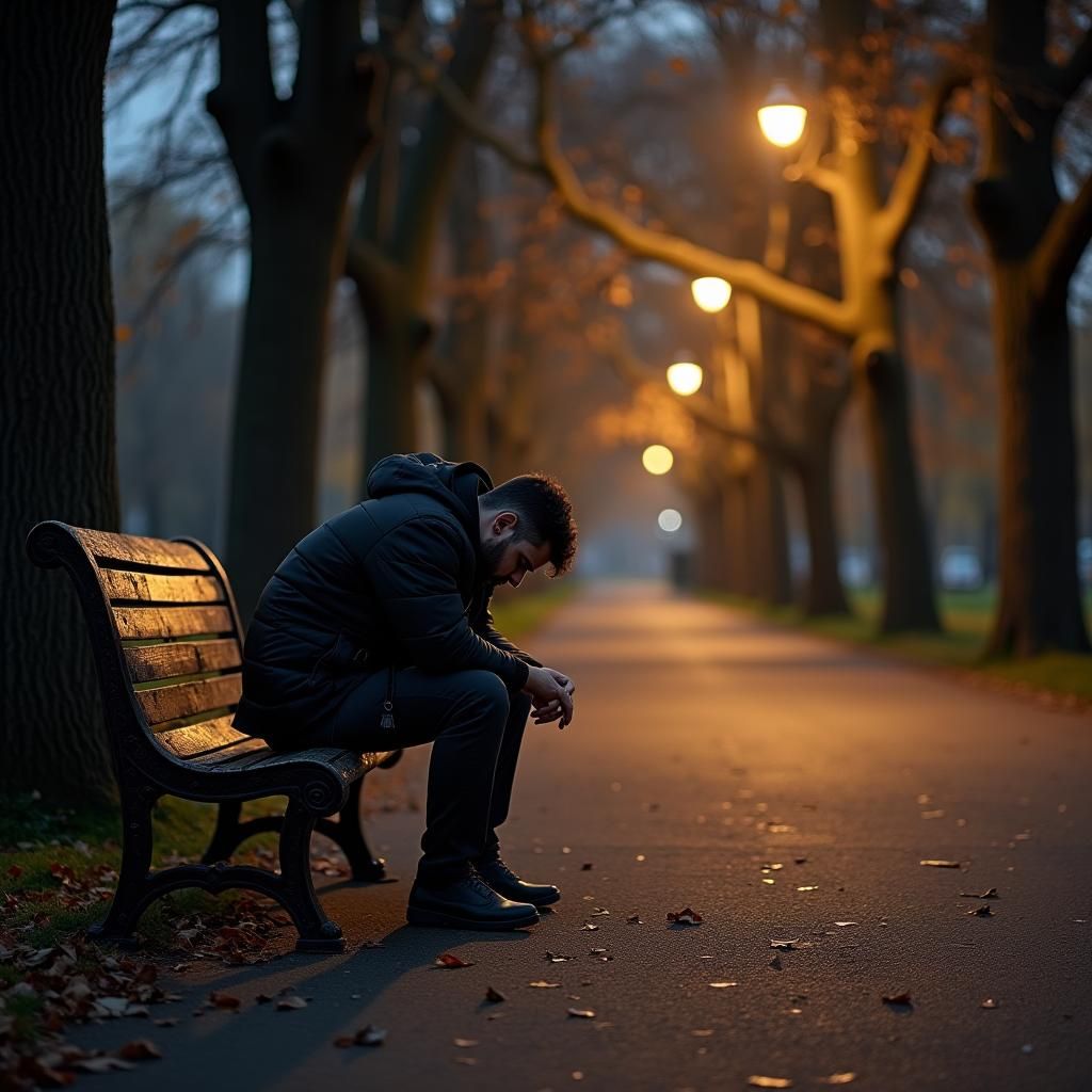 Man Contemplates Dusk in Dystopian Landscape