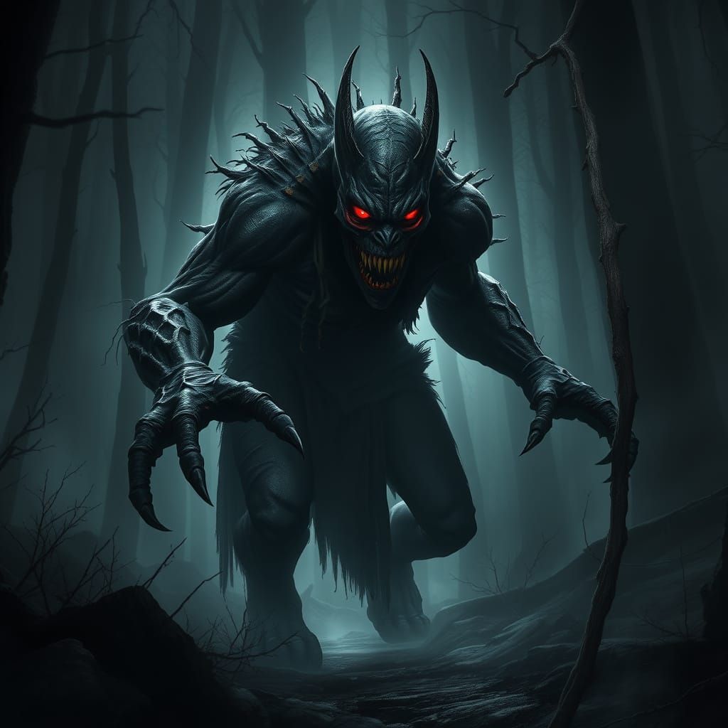 Grotesque Shadow Monster in Foggy Forest