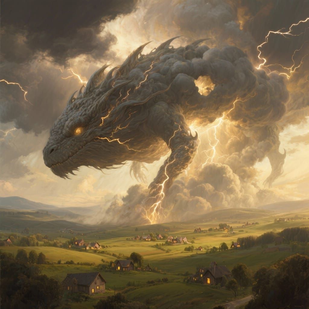 Sentient Storm Cloud Leviathan Over Pastoral Landscape