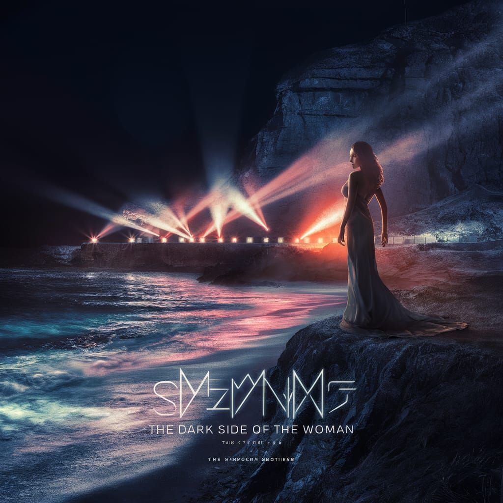 Hyperrealistic Album Cover: Woman on Cliff at Night