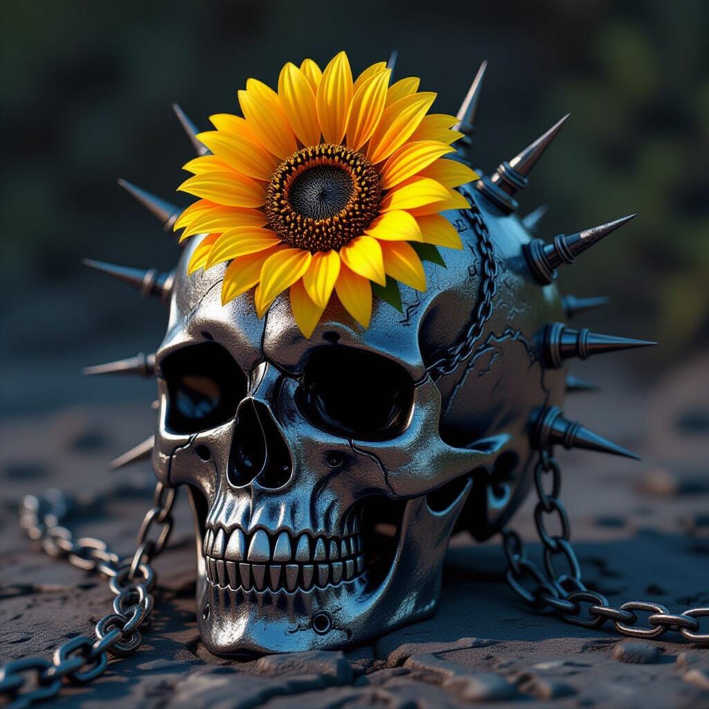Sunflower Bloom in Gothic Skull: Dark Fantasy Art