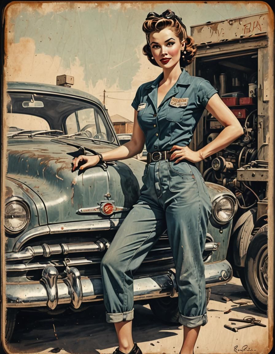 1950s Pin-Up Mechanic in Grunge Style