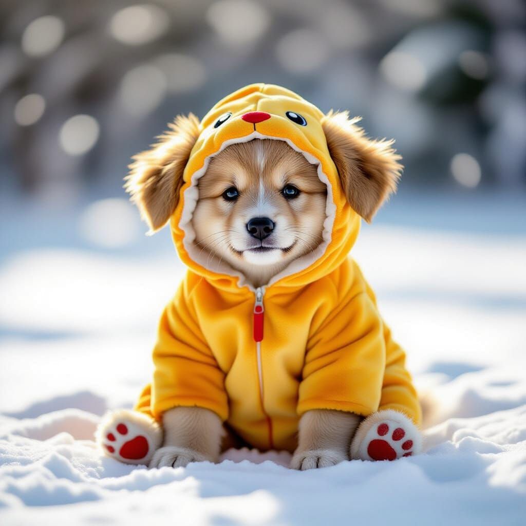 Cute Puppy in Hotdog Suit on Snow