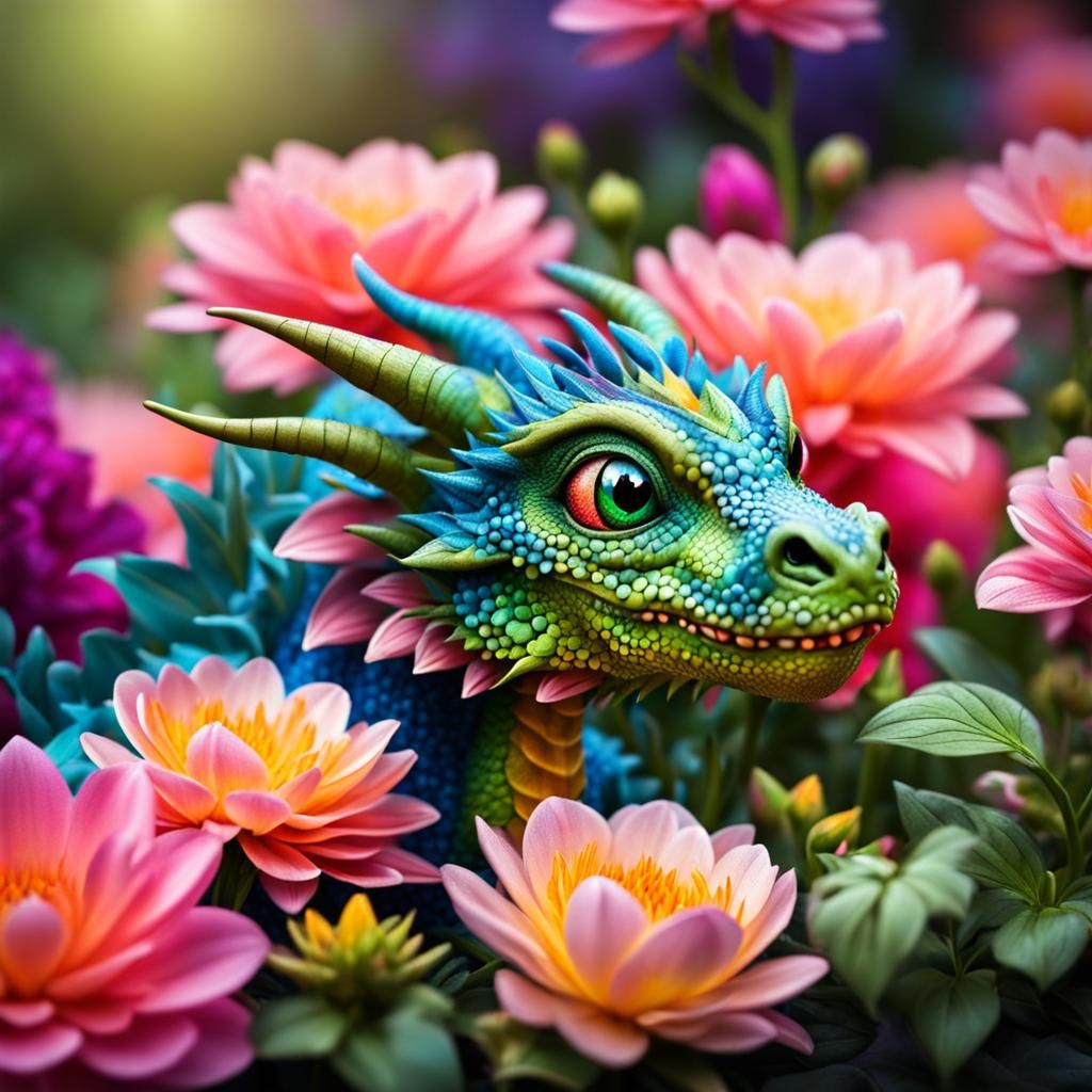 Baby Dragon Camouflaged in Vibrant Flowers