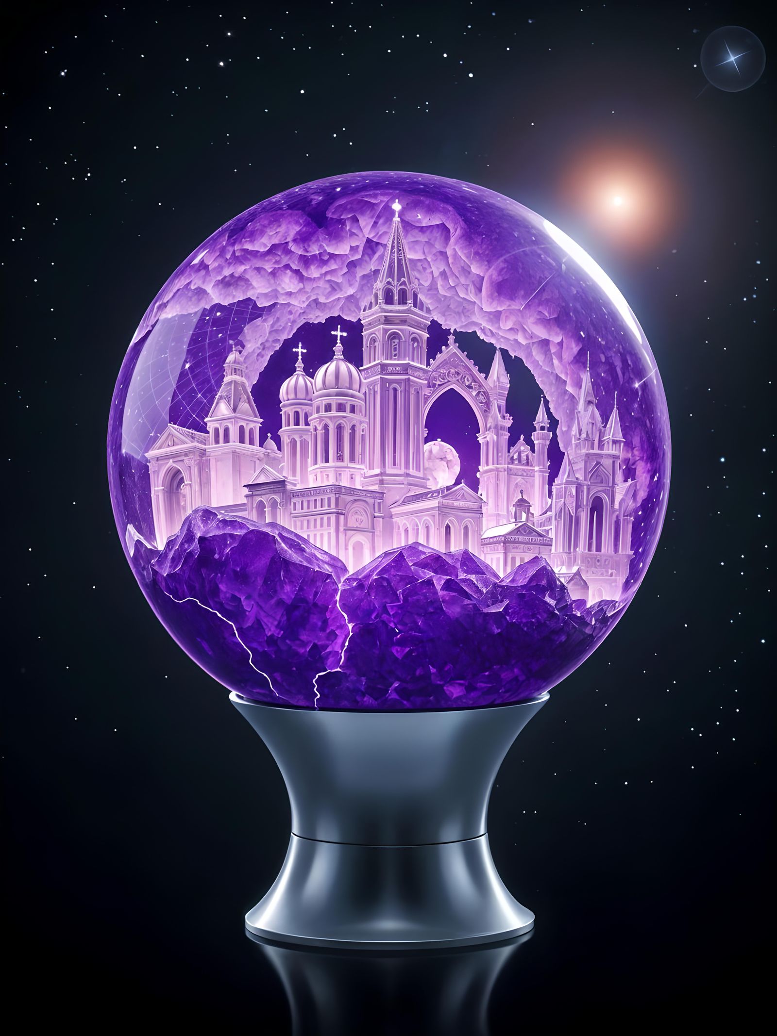 Amethyst Ball with Magical City in Space