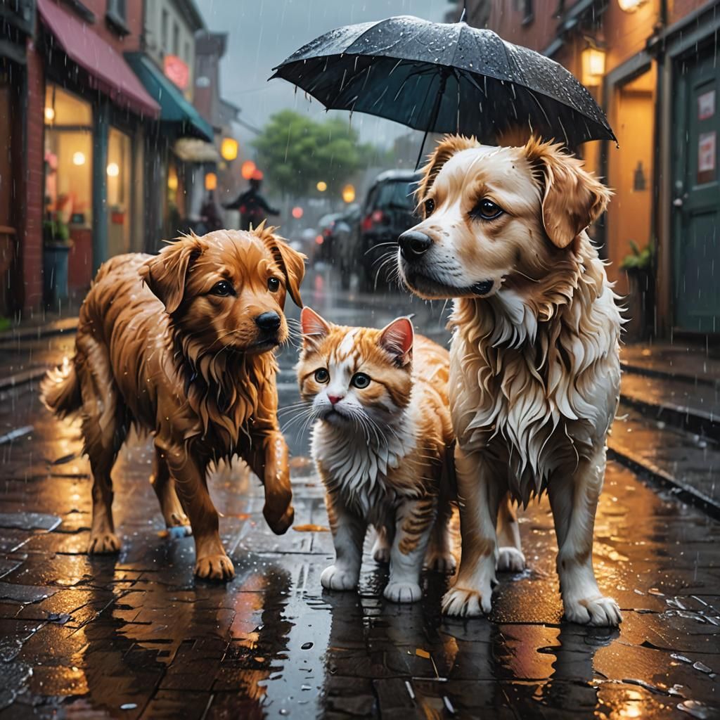 Dogs Helping a Cat in the Rain