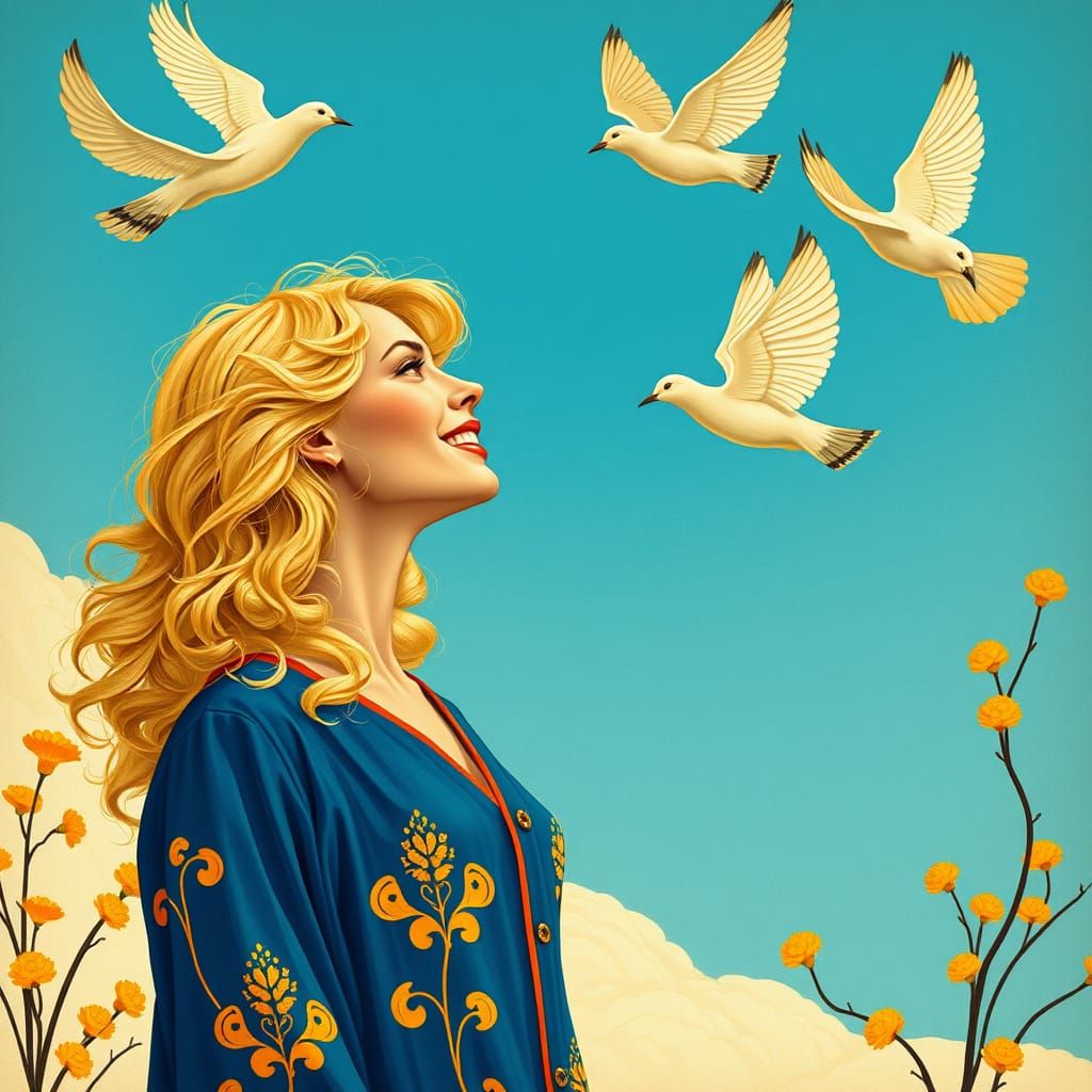 Blonde Woman in Art Nouveau Style Observing Flying Geese