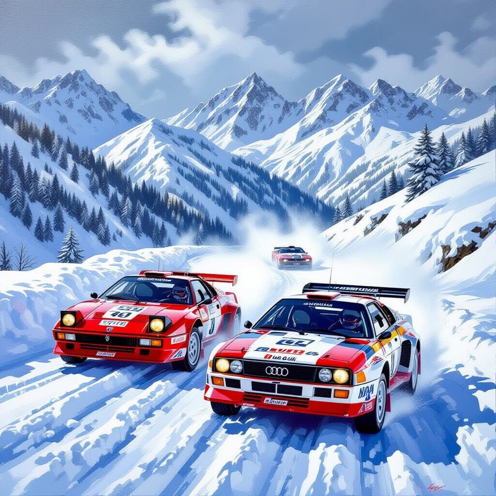 Lancia Stratos Leads Audi Quattro in Snowy Rally Painting