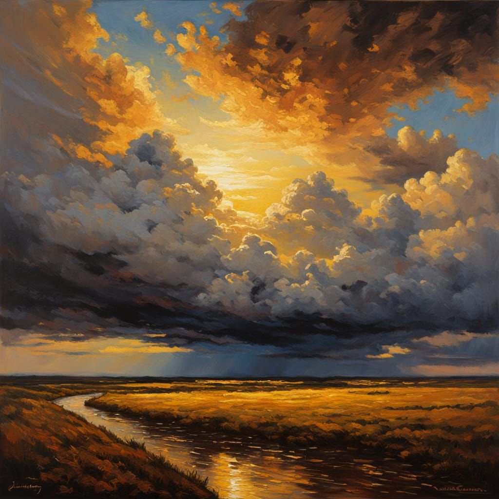 Golden Horizon Oil Painting with Dramatic Lighting