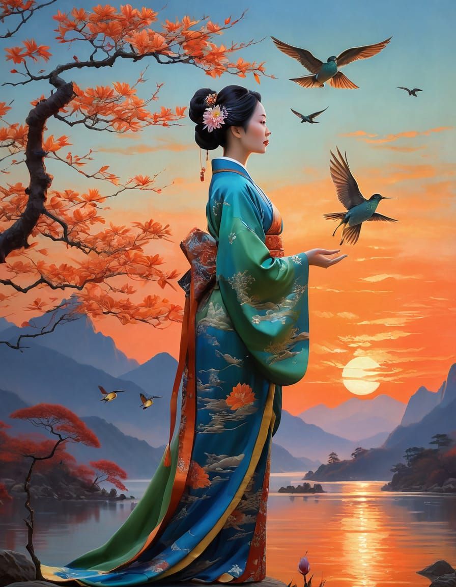 Graceful Woman in Traditional East Asian Attire at Sunset