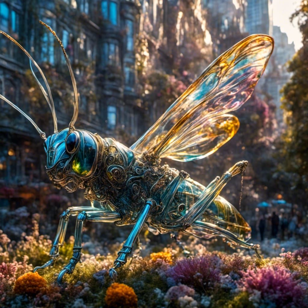 Giant Grasshopper in City: A Colorful Fantasy