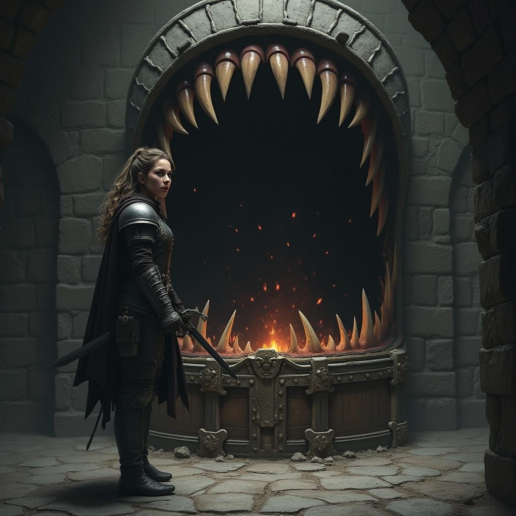 Dark Fantasy Warrior Faces Twisted Treasure Chest