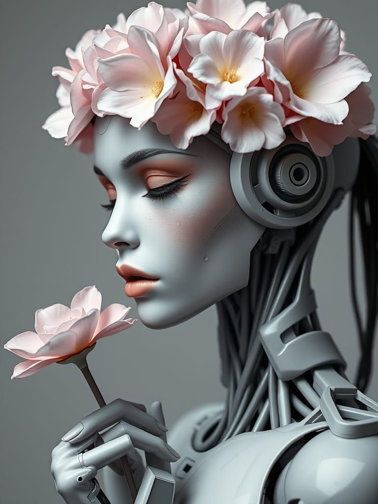 Robotic Woman with Floral Makeup in Ethereal Style