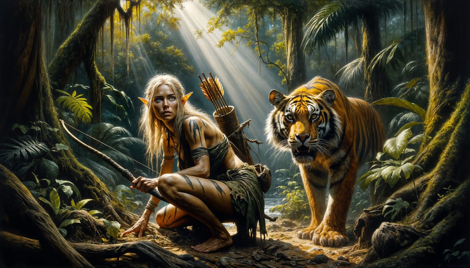 Majestic Jungle Elf Woman and Injured Tiger in Tenebrism Oil...
