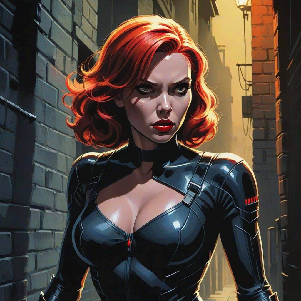 Black Widow in Dark Alley, Gouache Comic Art