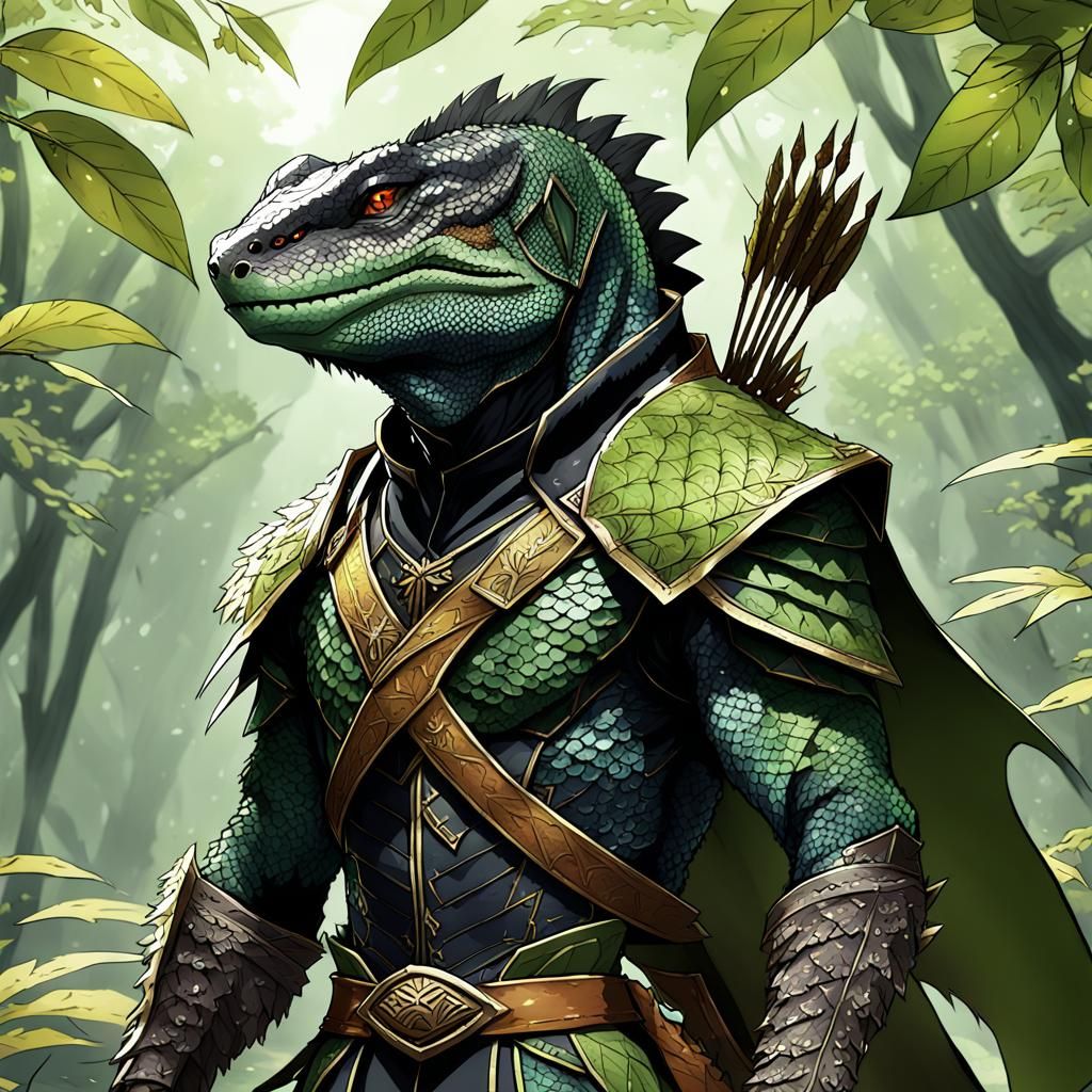 Lizardfolk Warrior with Longbow in Anime Style