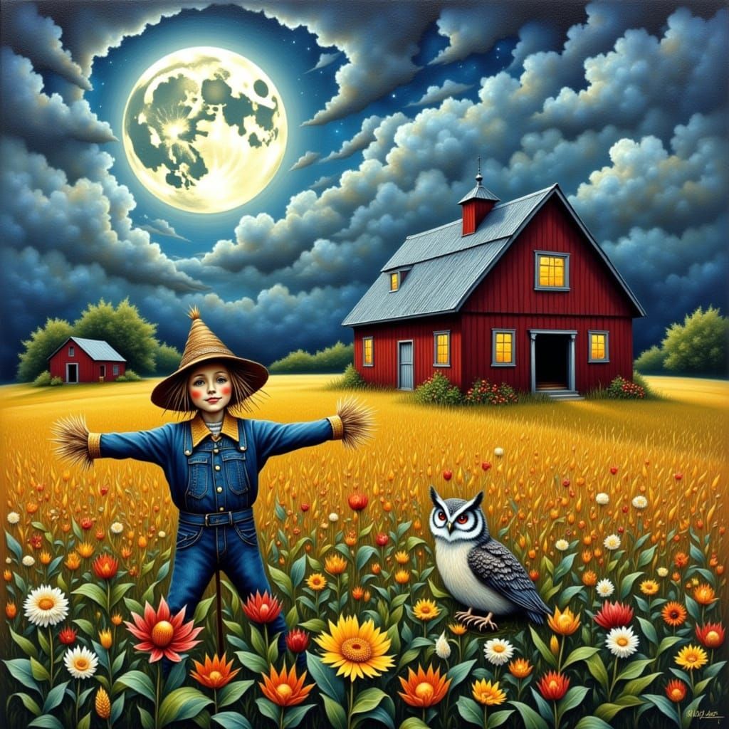 Vermont Barn with Scarecrow in Whimsical Eerie Style