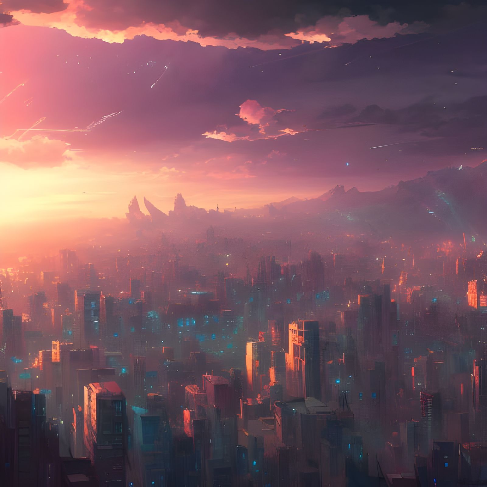 City Sunrise with Epic Clouds in Anime Style