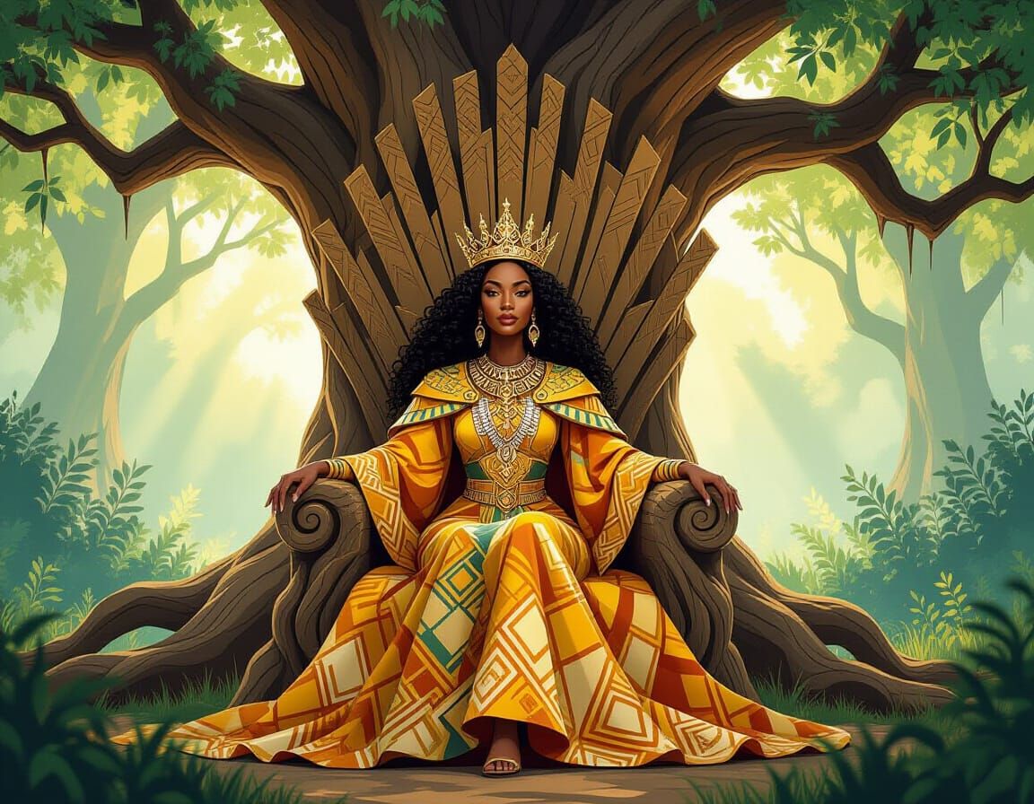 African American Queen on Ancient Tree Throne in Enchanted F...