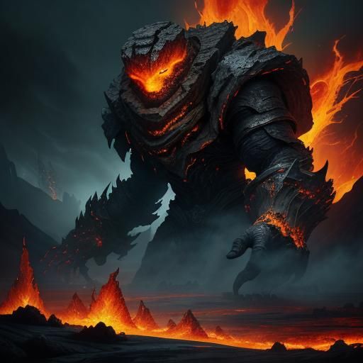 Reinforced Debris Golem with Lava Veins in Dark Fantasy