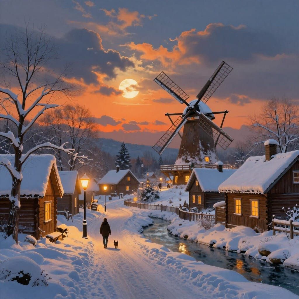 Serene Winter Village Dusk Digital Painting