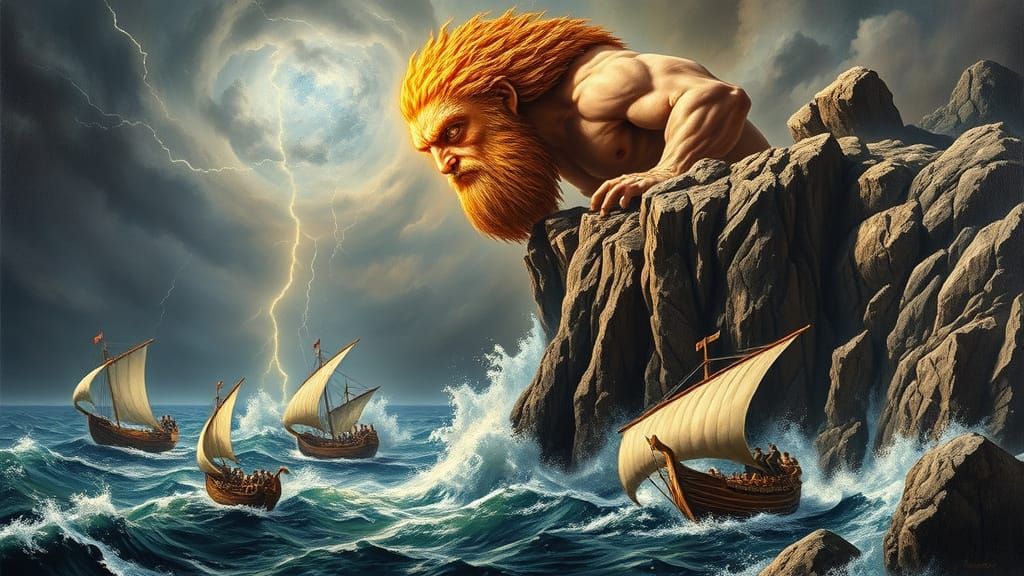 Odyssey: Polyphemus Hurls Boulders in Dramatic Seascape