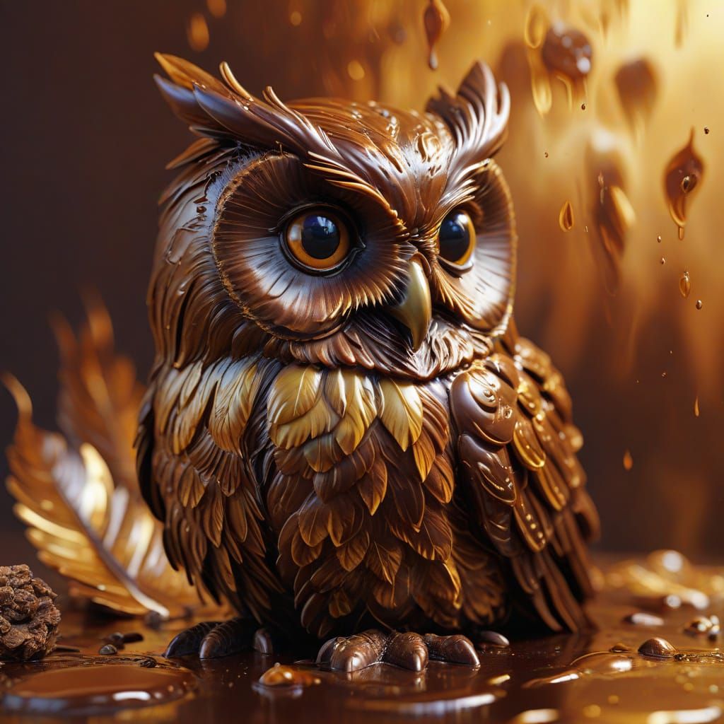 Surreal Chocolate Owl in Oil Painting Style